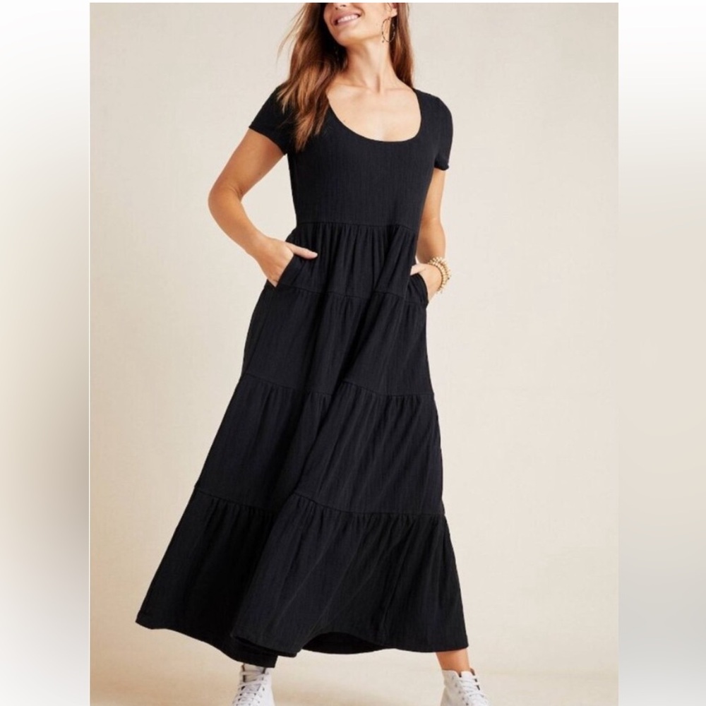 Anthropologie Maeve black scoop neck tiered maxi dress size Small